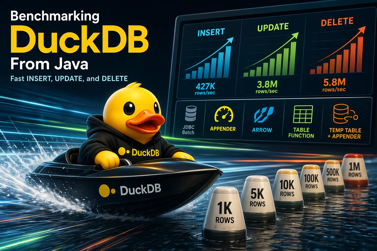DuckDB benchmark comparing 7 methods for INSERT, UPDATE, and DELETE from Java